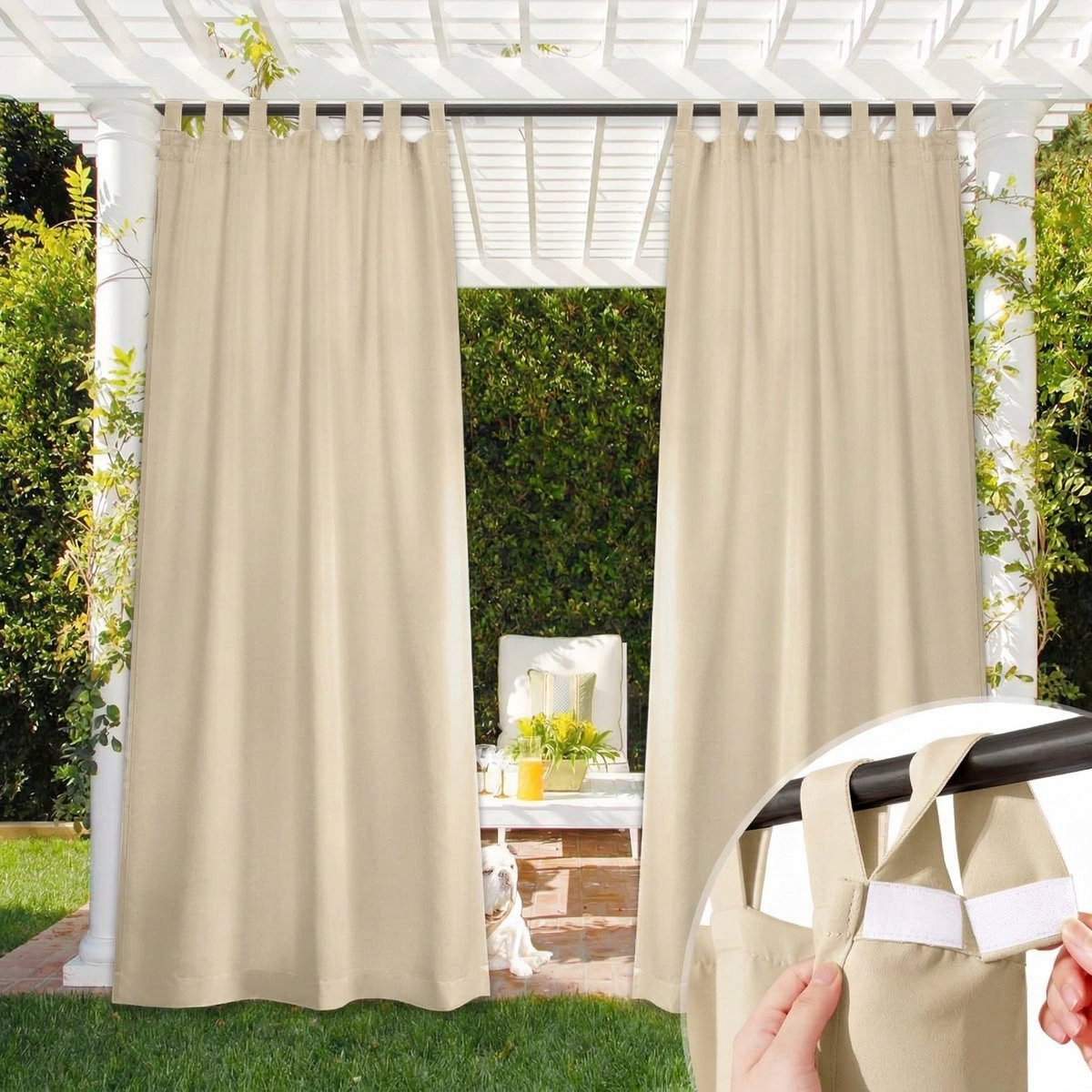 Qelus Buitengordijn met Klittenband - Outdoor Gordijn Waterdicht Zonder Roede te Demonteren - Verduisterend - Rideau Extérieur - 132x241cm - Beige - 1 Stuk Beige (1 Stuk)