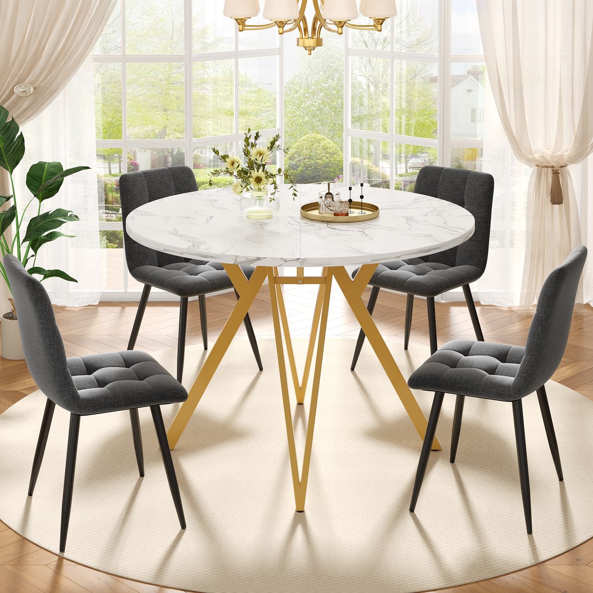 HAUSS SPOLE Eettafelset 5 Delig - Ronde Eettafel Met Marmerlook En 4 Linnen Stoelen - Voor