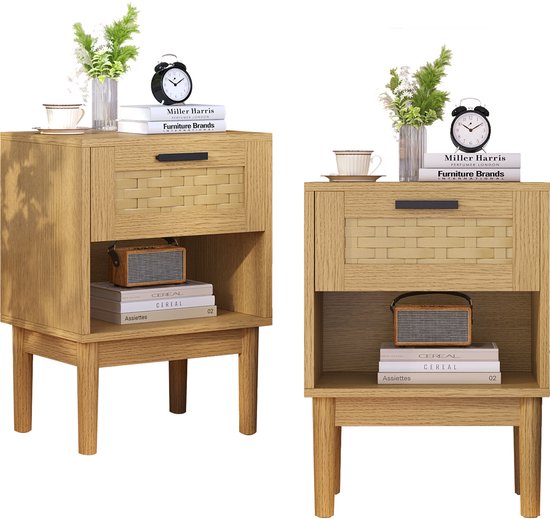 Set van 2 Nachtkastjes – Rotan Look Nachtkastje met Opbergruimte, Lichte Houtkleur – Bijzetkastje voor Slaapkamer & Woonkamer, L40 x H55 cm