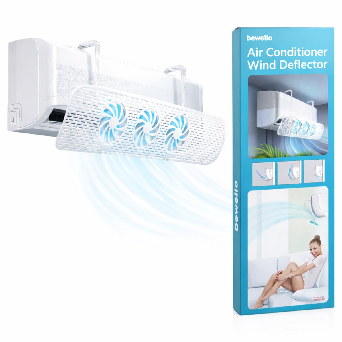 Bewello - Windscherm voor Airco - Windgeleider Universeel 55 t/m 88 cm - (Met 3 Ventilatoren - Draaibaar + Kantelbaar) - Airconditioning Luchtverdeler Deflector Flap - Windafleider - Luchtscherm [BW4010]