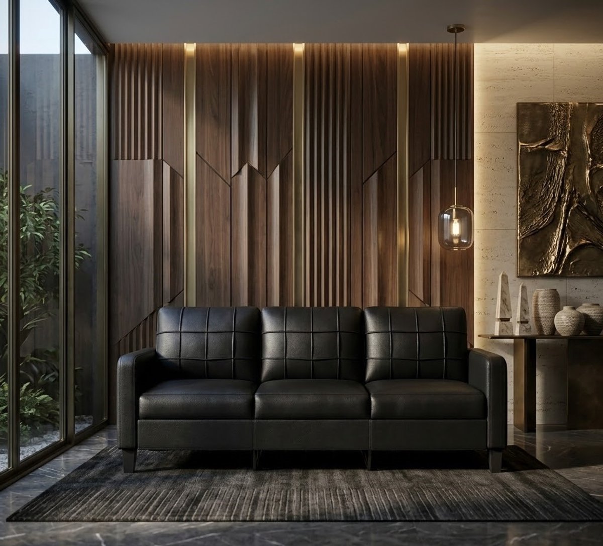 Luxe 3-Zits Bank Zwart Kunstleer – Modern Design, Comfortabele Loungesofa voor Woonkamer, Robuust Metalen Frame, Onderhoudsvriendelijk, Driezitsbank 180 cm - Casa Serena – 180 cm – Casa Dorada