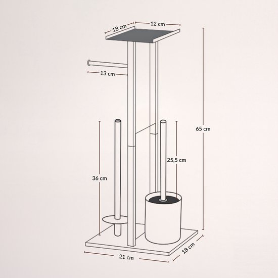 Afmetingen van zwarte toiletrolhouder met 3 rollen en wc-borstel, 65 cm hoog.