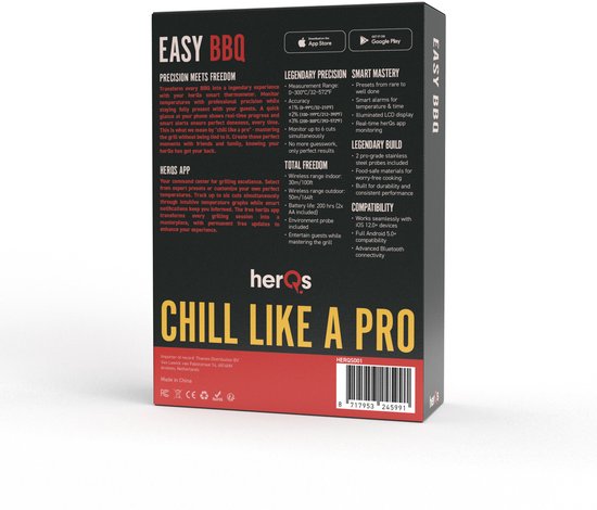 Doos met de tekst 'EASY BBQ' en 'HERQS CHILL LIKE A PRO'. Met de HerQs thermometer.