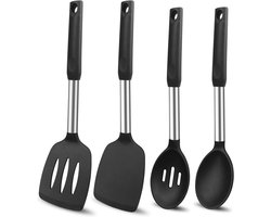 Beijiyi Siliconen spatel en kooklepels, 4-pack antiaanbakset voor keuken, hittebestendige vaste en sleuflepels en spatels, roestvrijstalen handvat met siliconen, zwart