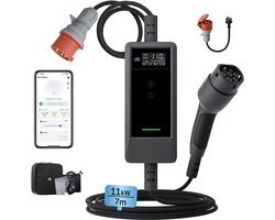dé Mobiele Thuislader 11kW met APP - CEE naar Type 2 stekker - 7 meter Laadkabel - 16A 3 fase - IP66 Waterdicht EV Oplader - LCD Digitaal Display