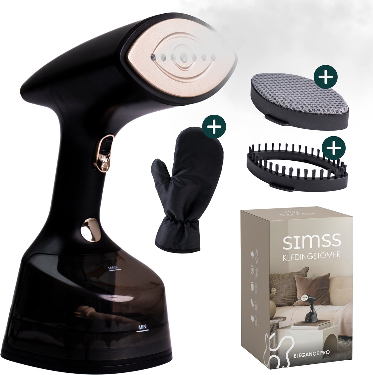 Simss® - Kledingstomer - Krachtige Handstomer voor Kleding en Meubilair - Stoomapparaat met 2 Opzetborstels - Snelle opwarmtijd - Inclusief Warmtebestendige Handschoen - 1800W - 300ml - Steamer - Elegant design - Mat - Zwart