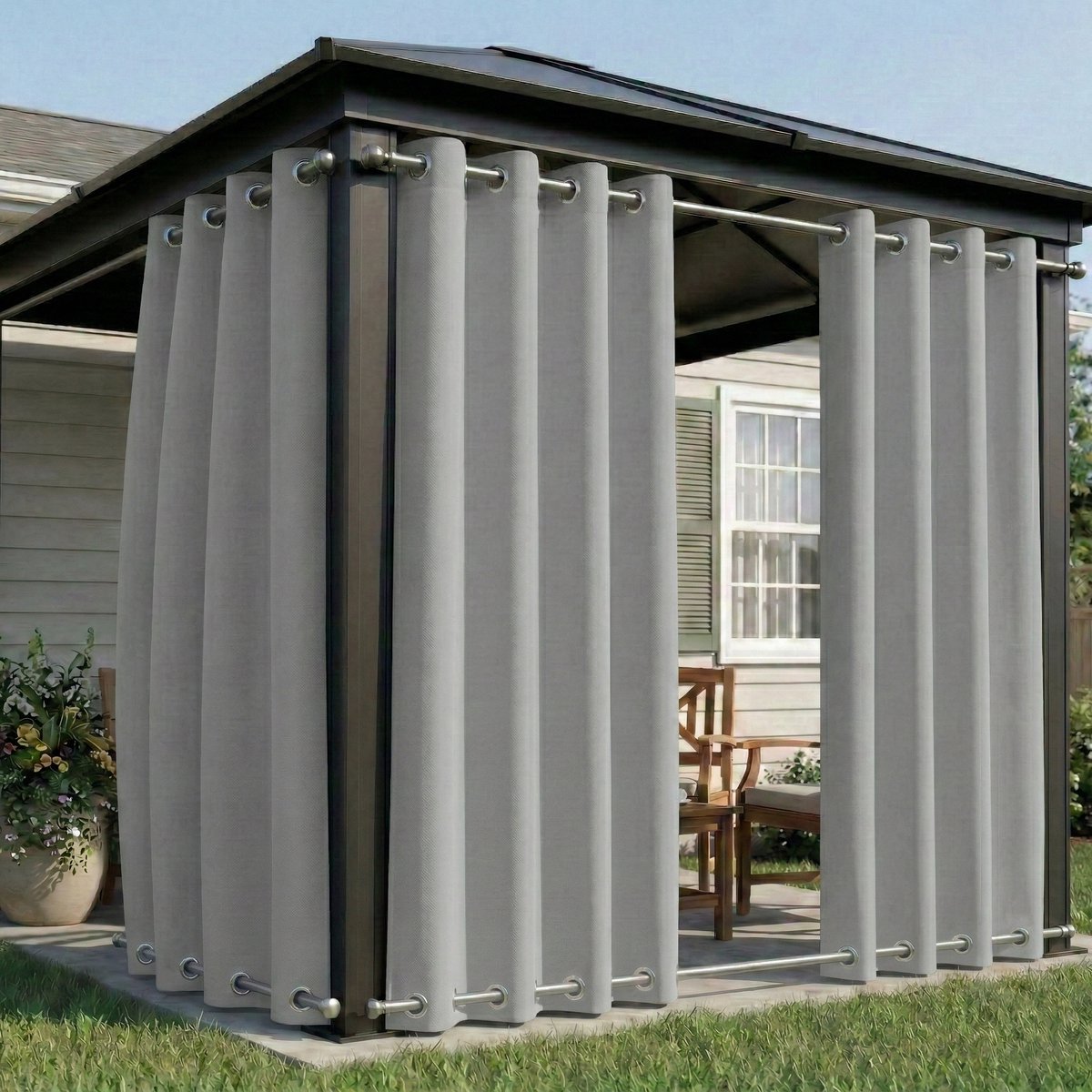 Qelus Winddichte Buitengordijnen Waterdicht - Outdoor Gordijn Boven & Onder Oogjes - Verduisterend Balkongordijn - Rideau Extérieur - 132x274cm - Grijs - 1 Stuk Grijs (1 Stuk)