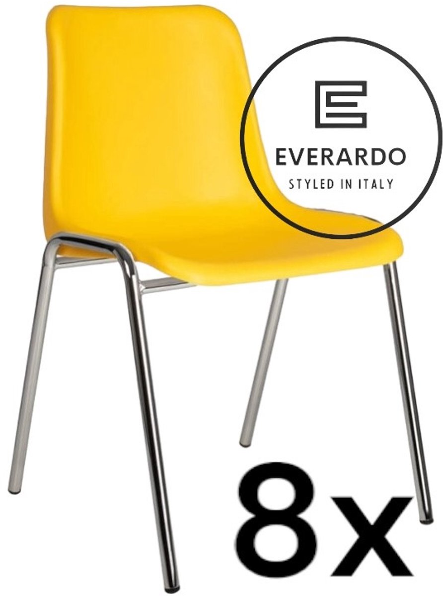 King of Chairs set van 8- model KoC Everardo geel met verchroomd onderstel. Kantinestoel stapelstoel kuipstoel vergaderstoel tuinstoel kantine stoel stapel kantinestoelen stapelstoelen kuipstoelen stapelbare keukenstoel Helene eetkamerstoel