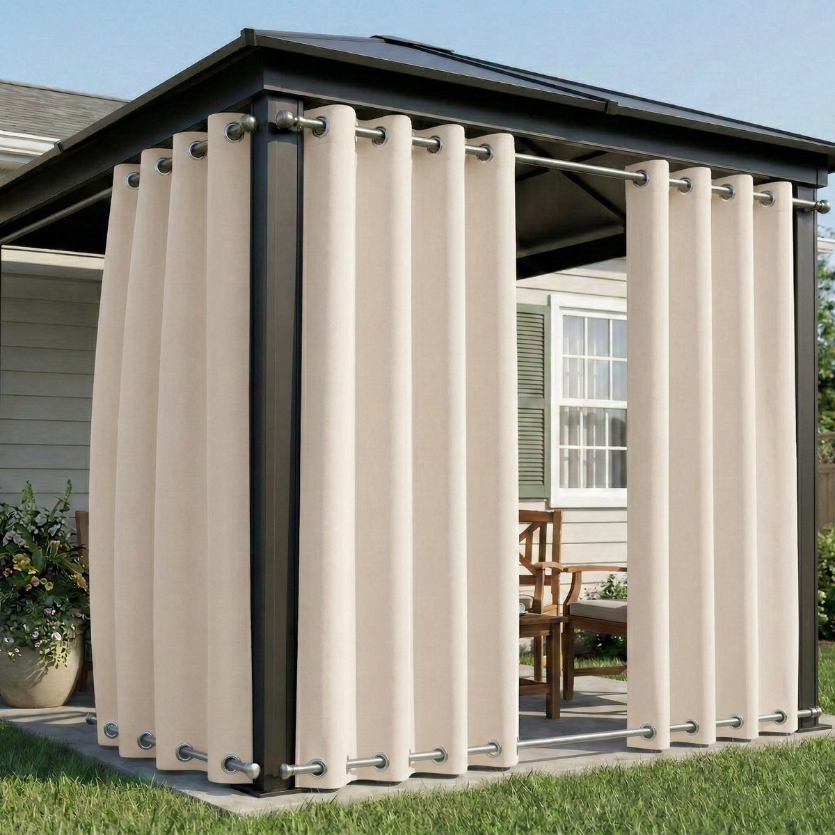 Qelus Winddichte Buitengordijnen Waterdicht - Outdoor Gordijn Boven & Onder Oogjes - Verduisterend Balkongordijn - Rideau Extérieur - 132x21