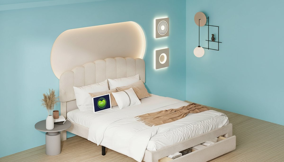 Gestoffeerd tweepersoonsbed 140x200 cm – Casa Velluto Bubble Luxe Bed met verstelbaar hoofdeinde, USB & Type-C-oplaadpoorten, ingebouwde lade, modern jeugdbed met lattenbodem, beige teddyfluweel