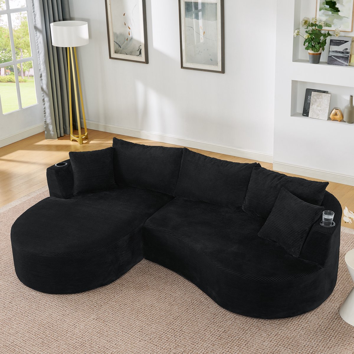 3-Zits Compressiebank, Chaise Longue Links + 2-zitsbank, Hoekbank Gebogen Ontwerp, Zachte Corduroy Stof, met Bekerhouder en Kussens, Vacuümverpakt, voor Woonkamer, Hotel, Appartement en Kantoor, Zwart