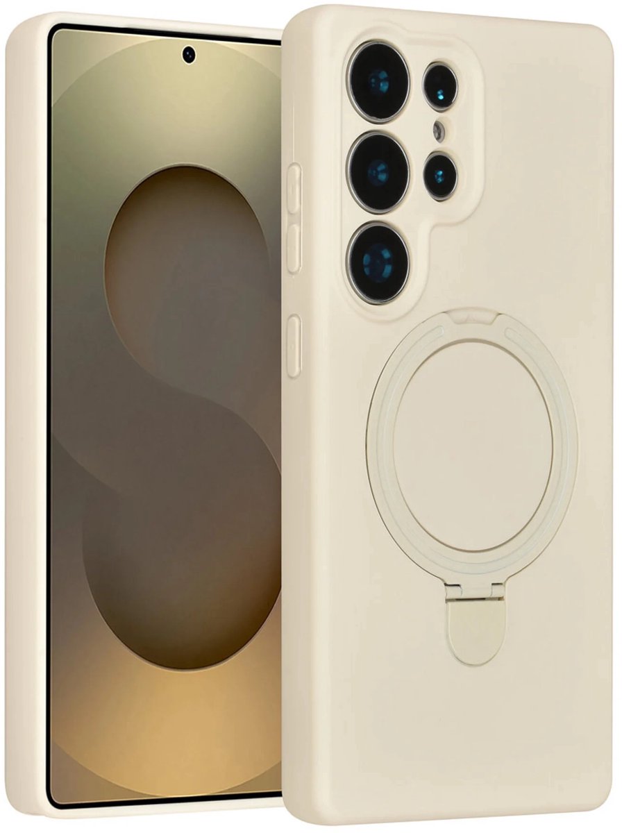 Backcover Hoesje Geschikt voor: Samsung Galaxy S25 Ultra Volledig Dekkende Schokbestendige Siliconen Backcover met Ringstandaard – 360° Bescherming - Antique White