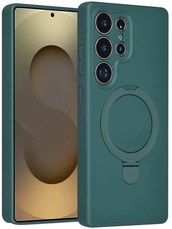 Coque arrière compatible avec : Samsung Galaxy S26 Ultra Coque arrière en silicone antichoc à couverture complète avec béquille annulaire – Protection à 360° - Vert foncé