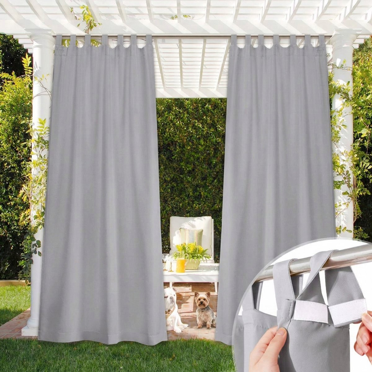 Qelus 2 Stuks Buitengordijnen met Klittenband - Outdoor Gordijn Waterdicht Zonder Roede te Demonteren - Verduisterend - Rideau Extérieur - 132x241cm - Lichtgrijs Lichtgrijs (2 Stuks)