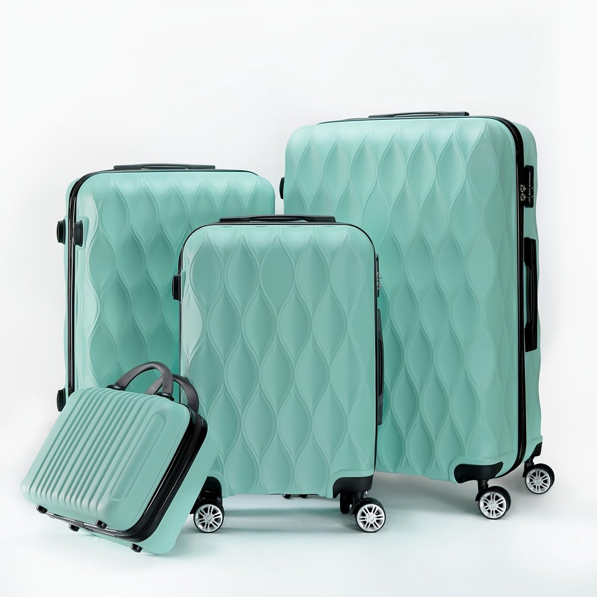 Harde Reiskoffer Set 4-delig (12/20/24/28 inch) – ABS Trolleys met Koppeling – Stil Draaiwielen – Groen
