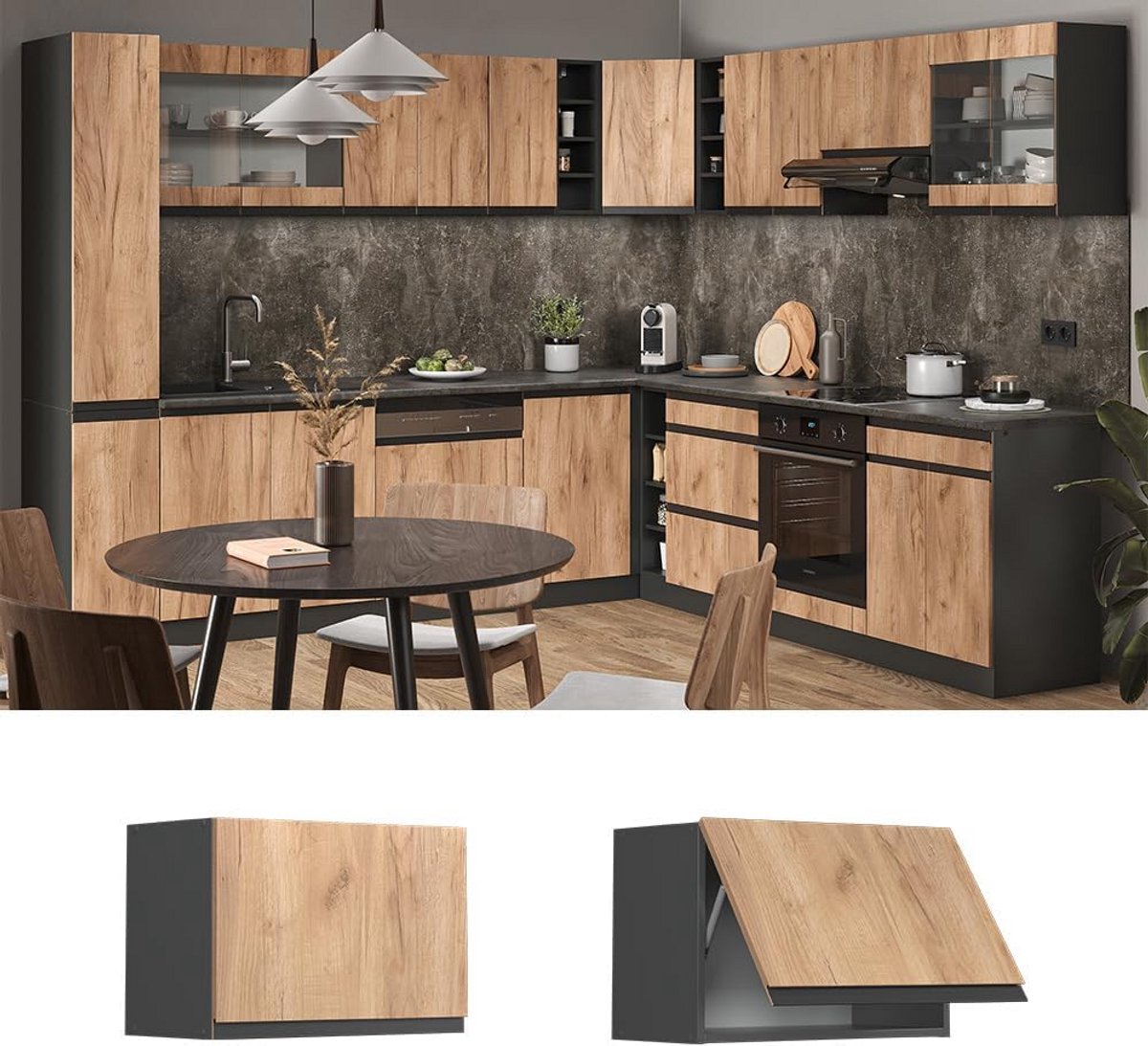 Wandkast 60 cm J-Vorm Antraciet Krachtig Eiken Goud Met Klapdeur