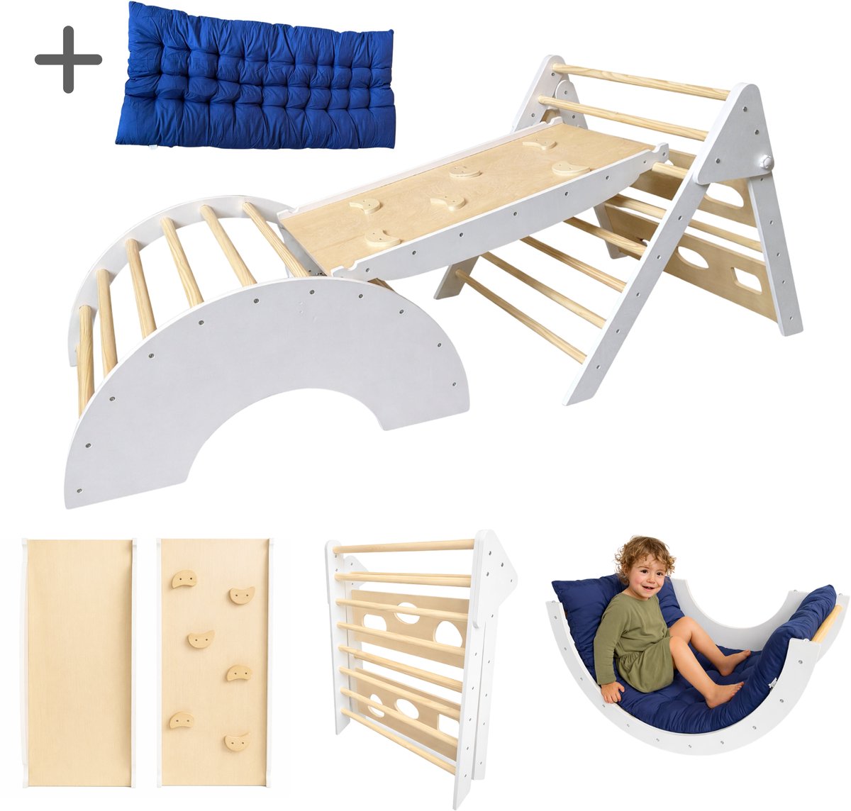 Dastium Kids Klimrek - Klimboog met Kussen - XXL houten klimrek - Klimset - Wit 4-delig