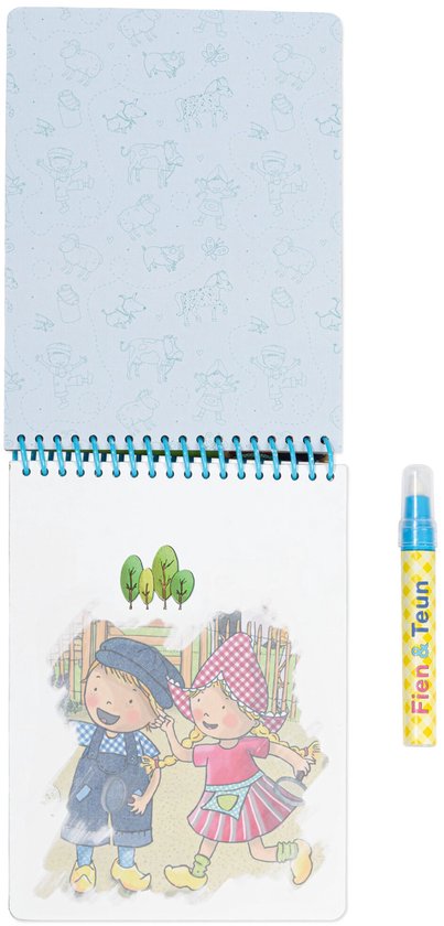 Open magisch waterboekje van Fien & Teun met een illustratie van Fien & Teun. Naast het boekje een waterpen.