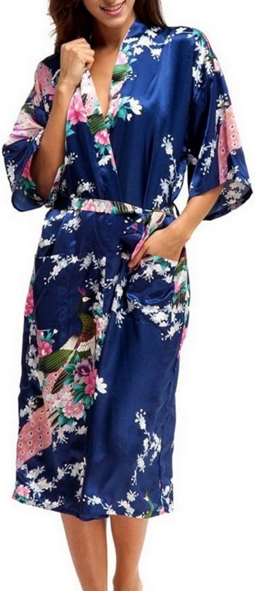 Lange Kimono Nachtjapon Dames met Bloem- en Pauwenprint - Losvallend Loungewear