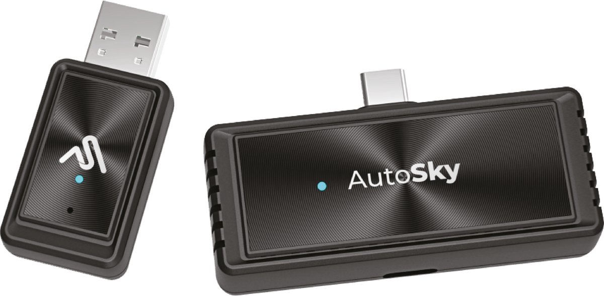 AutoSky AMS-2 Wireless Mirrorlink– USB-C DisplayPort (DP-Alt) – Draadloos Smartphone Scherm naar Auto – Werkt met Wired CarPlay – Stream Apps & Opladen Tijdens Gebruik