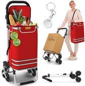 Rode boodschappentrolley gevuld met boodschappen, met een vrouw die de trolley duwt, en een opvouwbaar model.