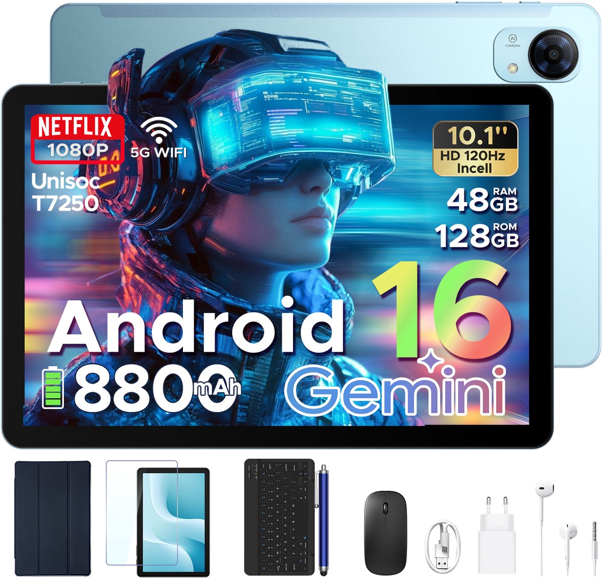 POCKAM P10 Pro - Tablet - 48 GB RAM (8+40 GB) + 128 GB ROM (2 TB/TF) - Android 16 - 10,1 inch HD 120 Hz - 8800 mAh - Gemini AI - T7250 Octa Core - Face ID - Dubbele luidsprekers, complete accessoirebundel met toetsenbord en stylus