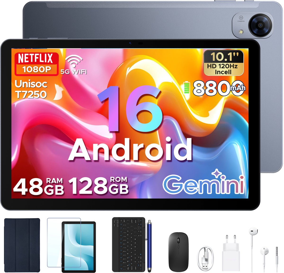 Aorlym P10 Pro - Tablet - 48 GB RAM (8+40 GB) + 128 GB ROM (2 TB/TF) - 10,1 inch HD 120 Hz - Android 16 - 8800 mAh - Gemini AI - T7250 - Face ID - Dubbele luidsprekers, complete accessoirebundel met toetsenbord en stylus - Grijs