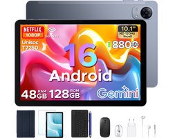 Aorlym P10 Pro - Tablet - 48 GB RAM (8+40 GB) + 128 GB ROM (2 TB/TF) - 10,1 inch HD 120 Hz - Android 16 - 8800 mAh - Gemini AI - T7250 - Face ID - Dubbele luidsprekers, complete accessoirebundel met toetsenbord en stylus - Grijs