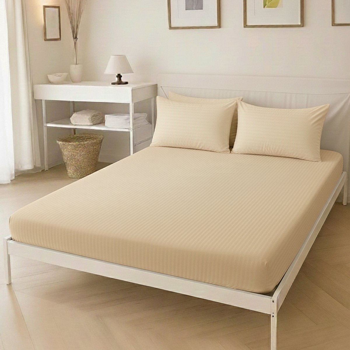 Boraboi® Luxe 3-delige Hoes Laken Set Katoen ,Satijnlook,Gestreept ,Beige 180 x 200 cm