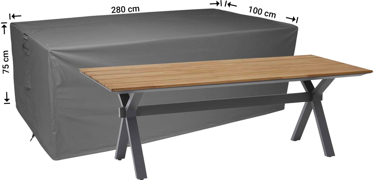 Raffles Covers Beschermhoes tuintafel - 280 x 100 H: 75 cm - D-RT280 - Waterdicht - Ademend - UV-bestendig - Elastisch rijgkoord - Beschermhoes tuinmeubelen