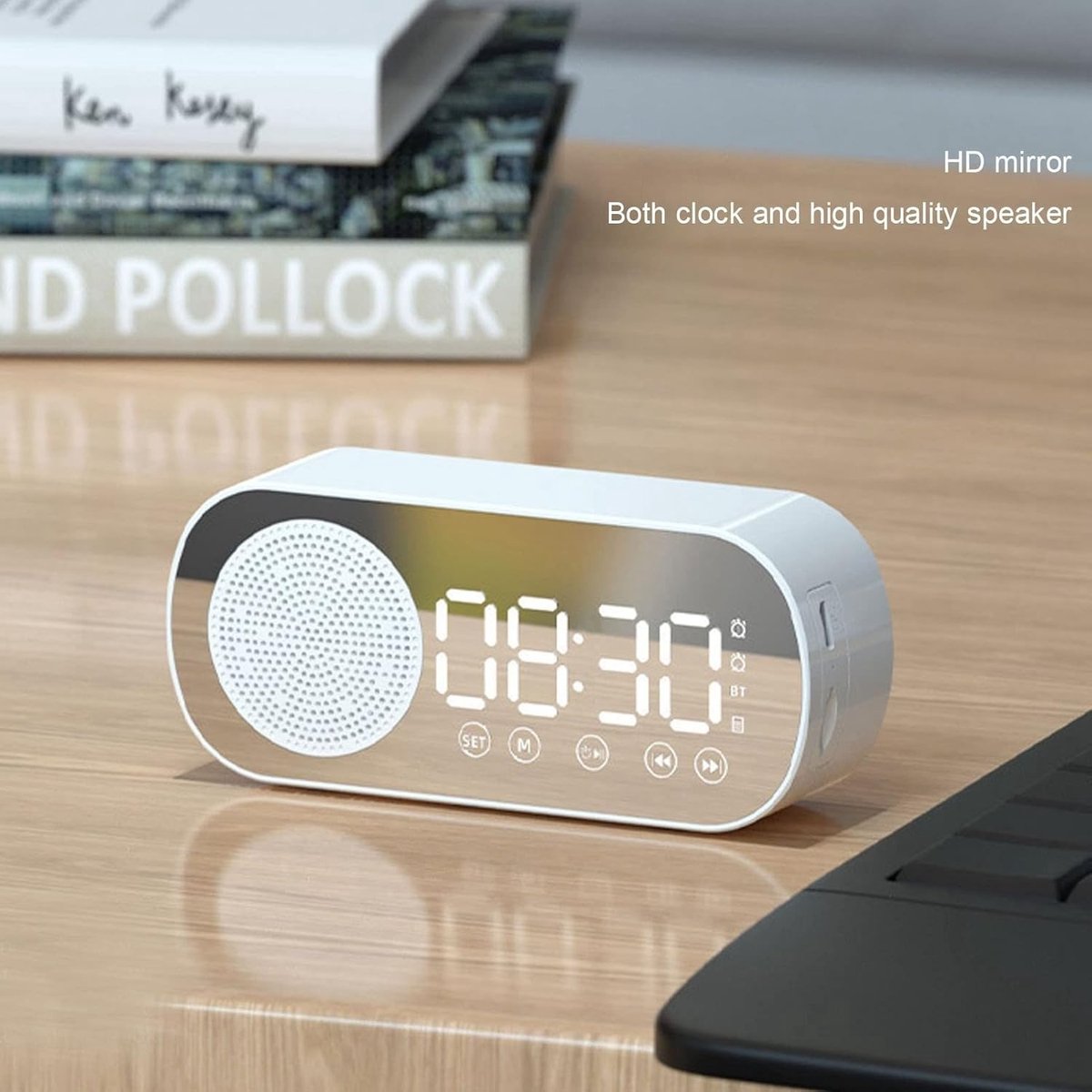 Digitale Wekkerradio, Bluetooth V5.0 Hi-Fi-luidspreker Spiegelwekker, Dubbele Wekker, Sluimerfunctie, FM-radio, Micro-USB-poort, 1600 MAh-batterij, Wekker Voor in De Slaapkamer (Wit)