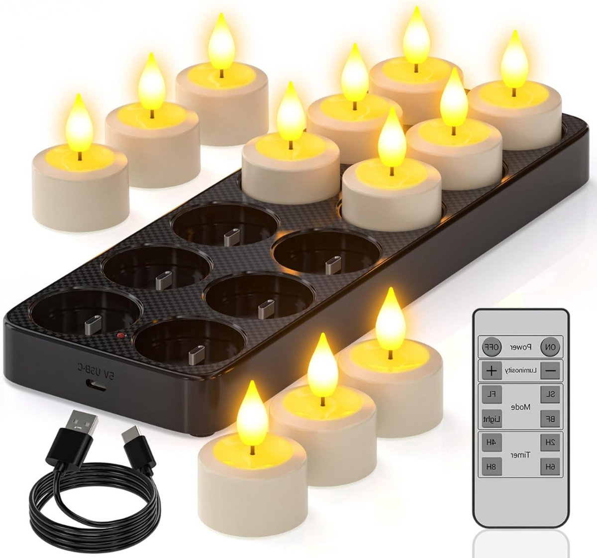 VIN® LED Theelichtjes Bewegend Vlam - LED Kaarsen met Bewegende Vlam – Oplaadbare Kaarsen - Met Afstandsbediening - Met Timerfunctie – 12 Stuks - Wit