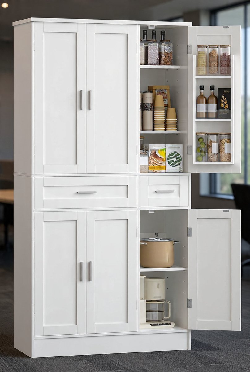 PT30003X Buffetkast, keukenkast met 9-traps deurrekkensysteem, dressoir met 6 deuren en 2 grote laden, moderne stijl, keuken, woonkamer, 40 x 92 x 180 cm, wit-NoviHome