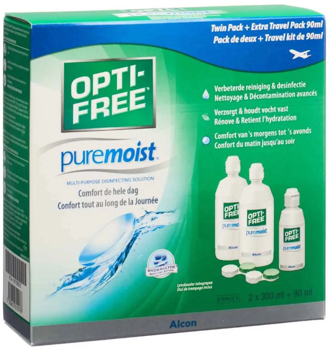 OPTI-FREE® PureMoist® – lenzenvloeistof – 2× 300ml + 1x 90ml travelpack
