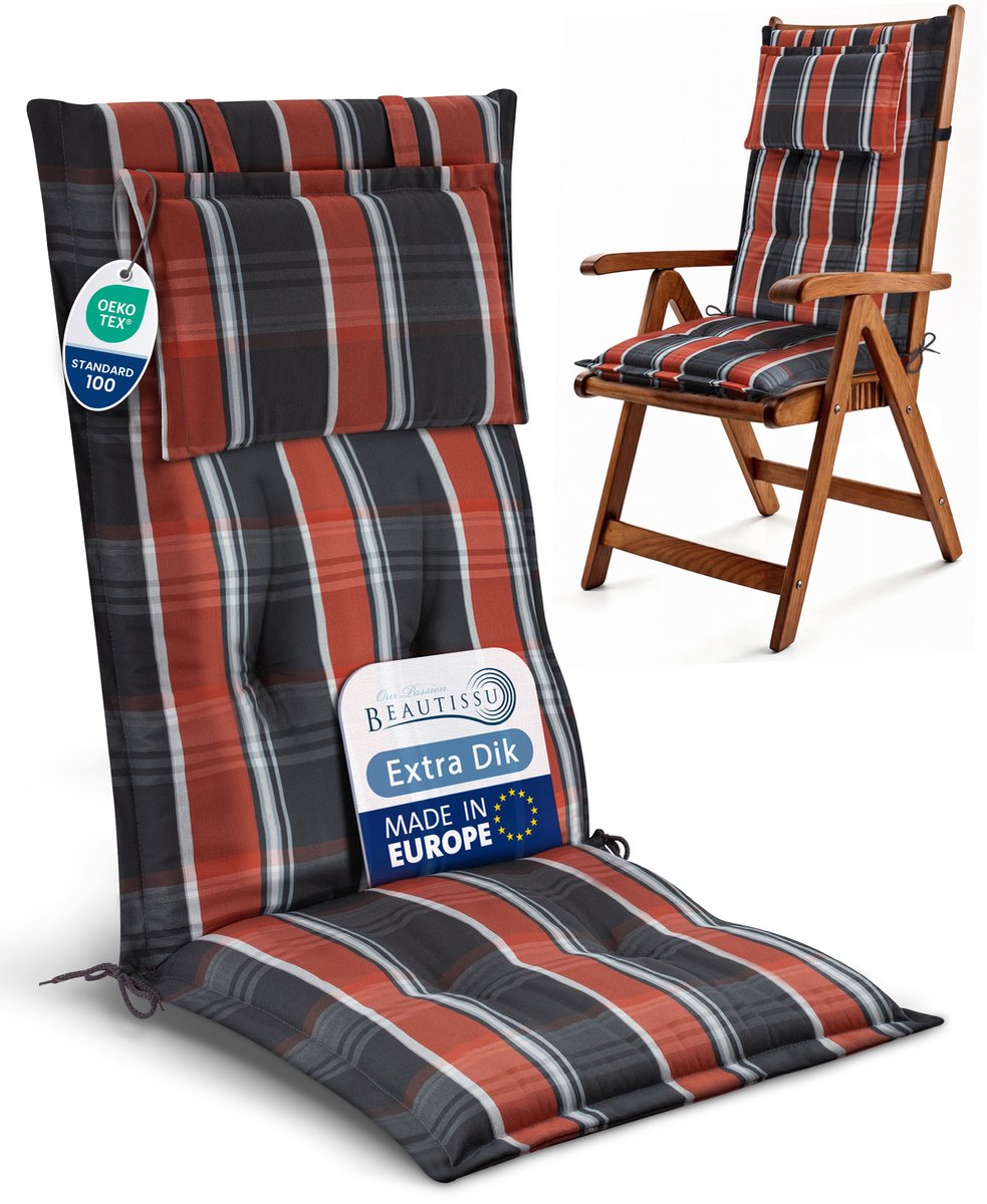 Beautissu Tuinkussen Hoge Rug Zitkussen 120x50cm HighLux HL – Set van 6 Stoelkussens voor Tuinstoelen 7cm dik Grijs-Oranje-Wit Geruit – Made in EU