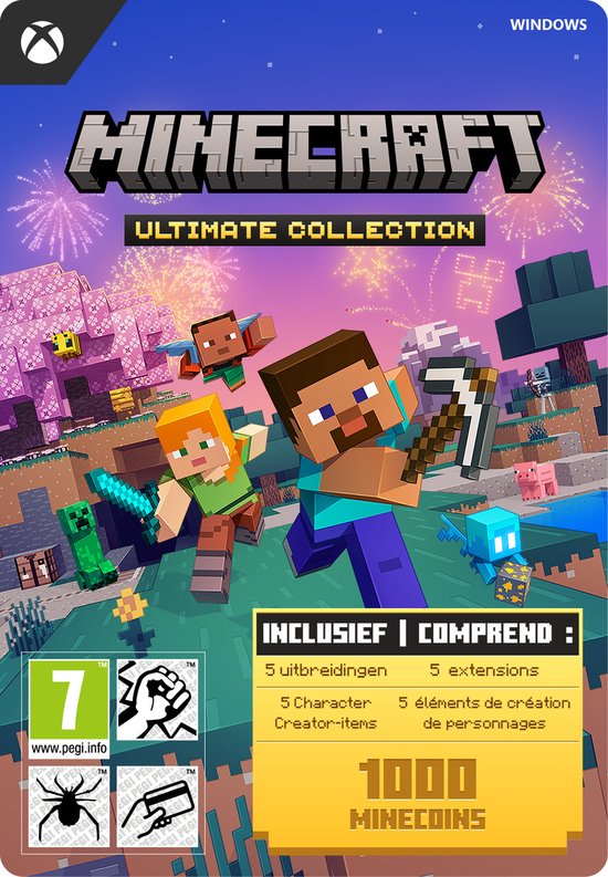 Minecraft Ultimate Collection voor Windows. Steves en Alex in cartoonstijl, met Creeper, zwijn en andere wezens in pixelwereld met vuurwerk.