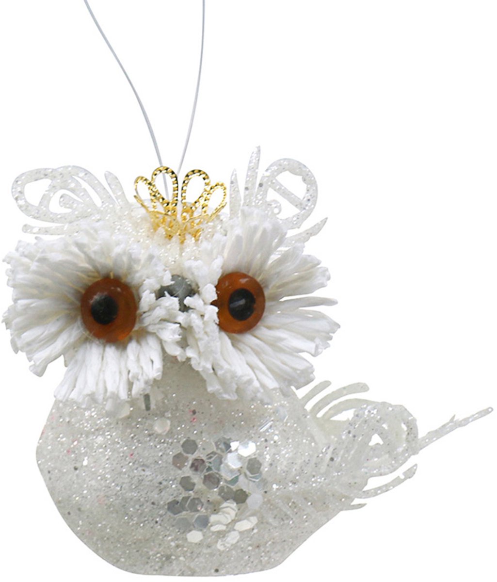 Decoratieve uil met kroon om op te hangen wit, glitter 6,5 × 8cm 6st.,