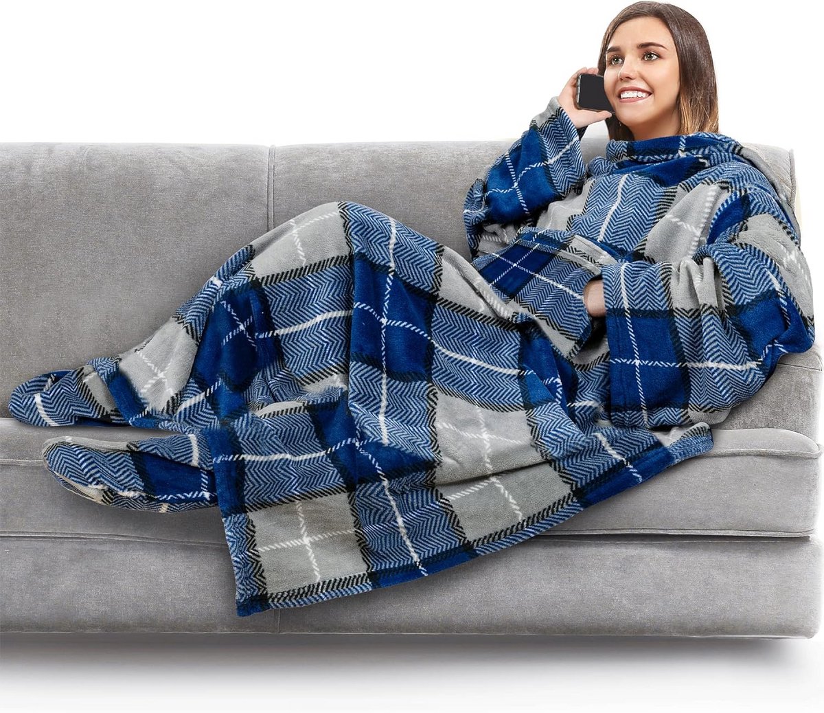 Fleece Deken met Mouwen en Voetzakken voor Volwassenen - Draagbare Cozy Plaid Wrap - Extra Zacht en Warm