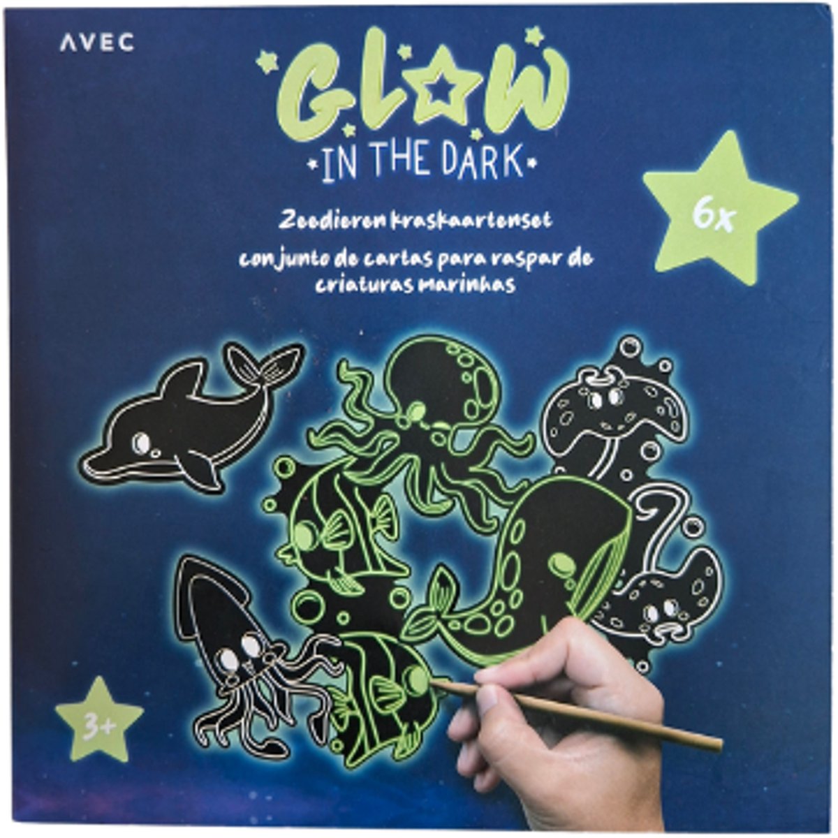 Avec Glow in the Dark Kraskaarten Knutselset A6 - 6 Afbeeldingen Zeedieren - Inclusief krasstokje
