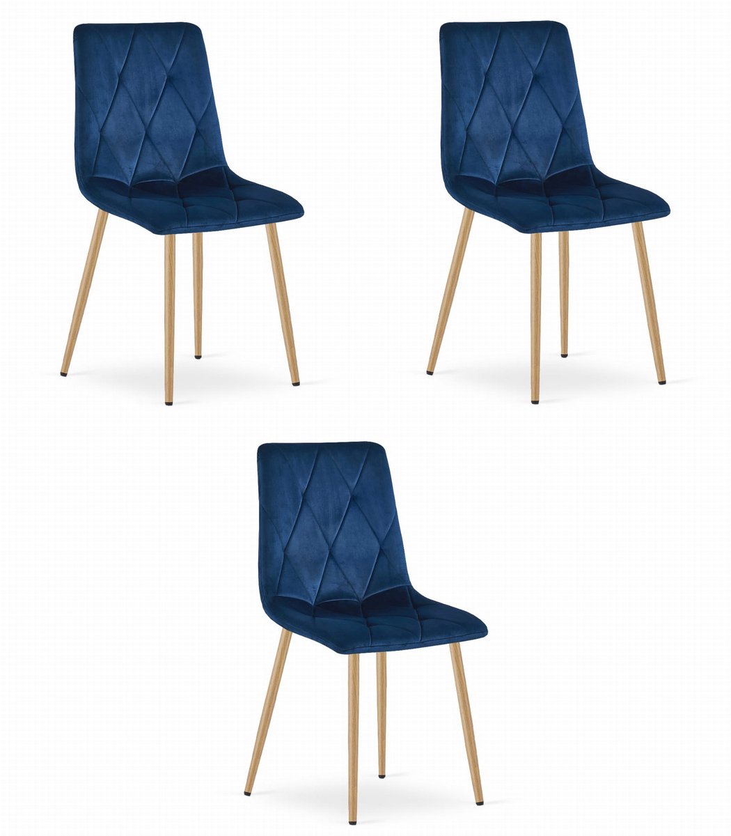 LEOBERT Set van 3 Eetkamerstoelen LIBRA Donkerblauw – Houtlook Metalen Poten, Modern Velvet Bekleding, Ergonomisch Design, Max. 120 kg