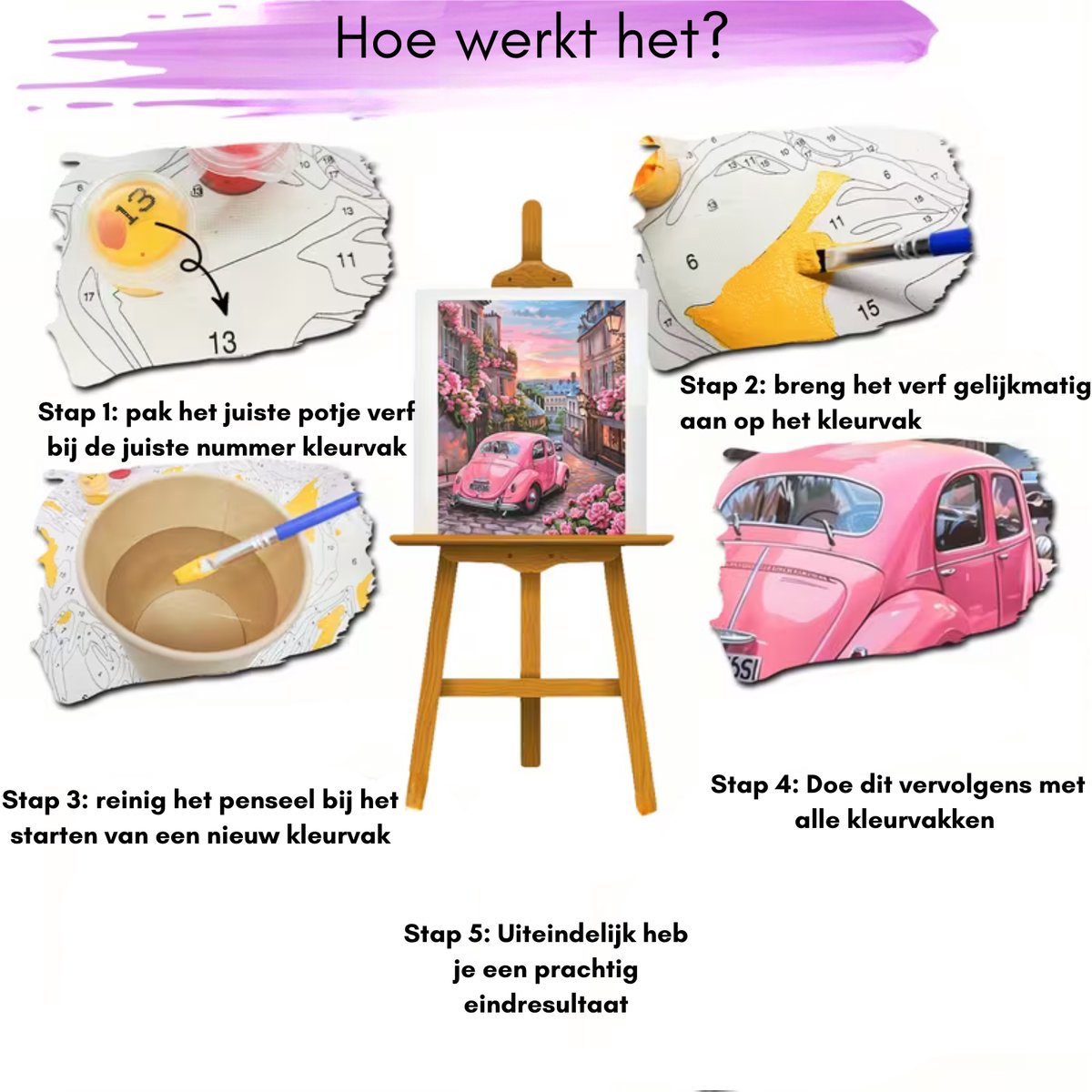 Nalovi - Schilderen op nummer - Roze Auto - Op doek - Schilderpakket - Voor Volwassenen - Inclusies verf en penselen - Hobby voor thuis — afbeelding 3