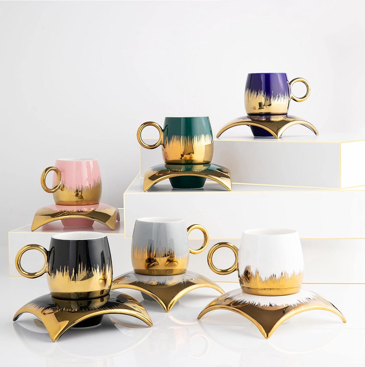 Set van 6 Koffiekopjes met Schotels - Luxe Keramische Espresso Mokken (3.5 oz)