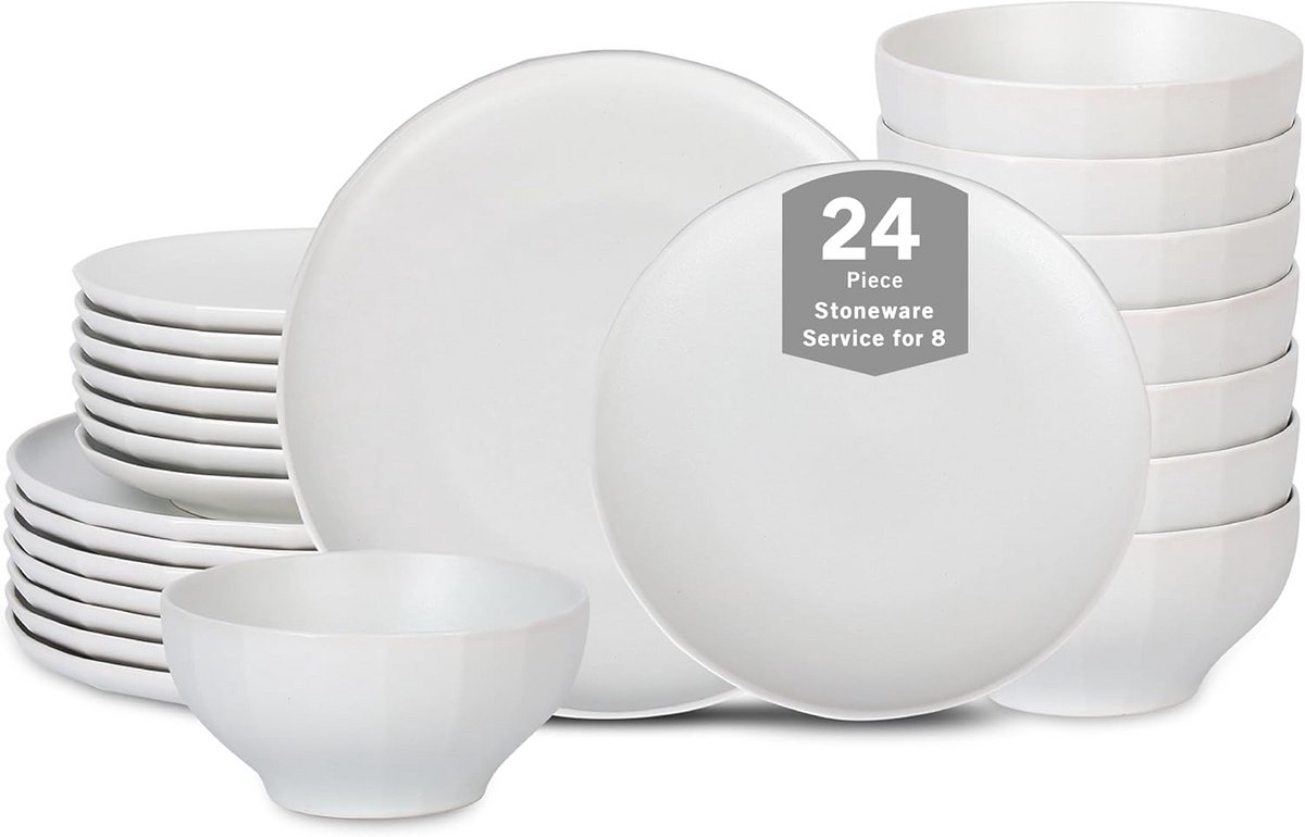24-delige Aardewerk Servies Set Beige met Textuur voor 8 Personen