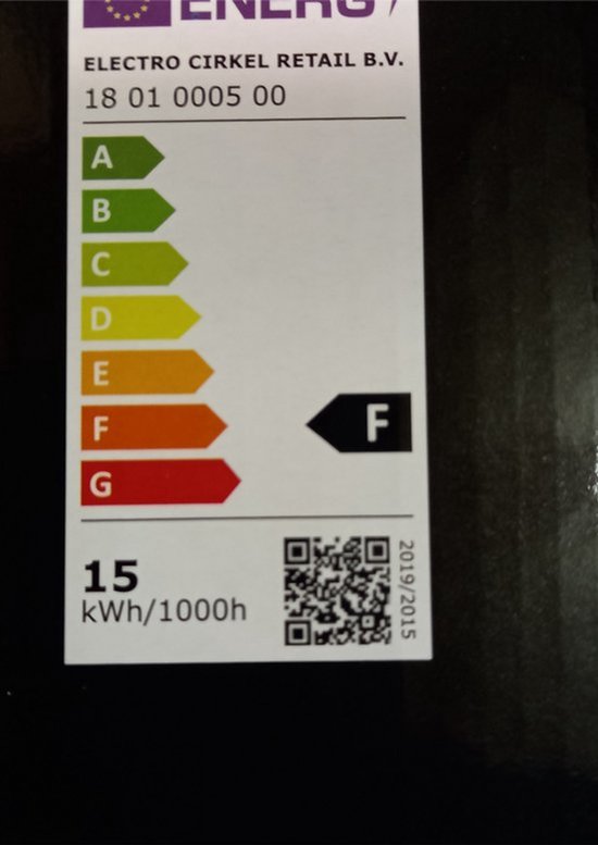 Energielabel F voor een lamp, met vermelding van 15 kWh/1000h.