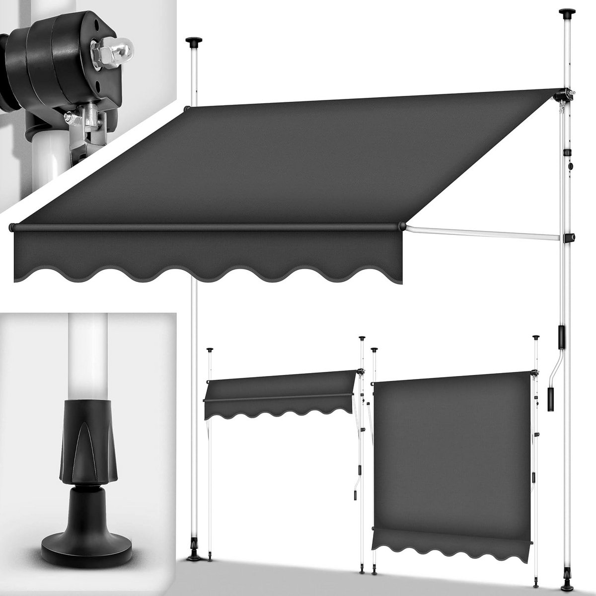 Klemluifel Balkon 350 cm Grijs met Handslinger - Zonder Boren, Waterdicht en UV-bestendig
