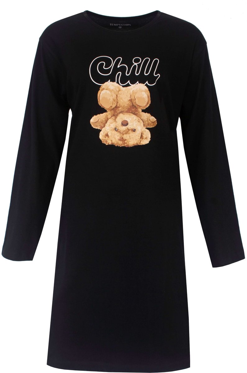 Temptation Dames Big Shirt - Lange mouwen - Katoen - Zwart - Maat XL