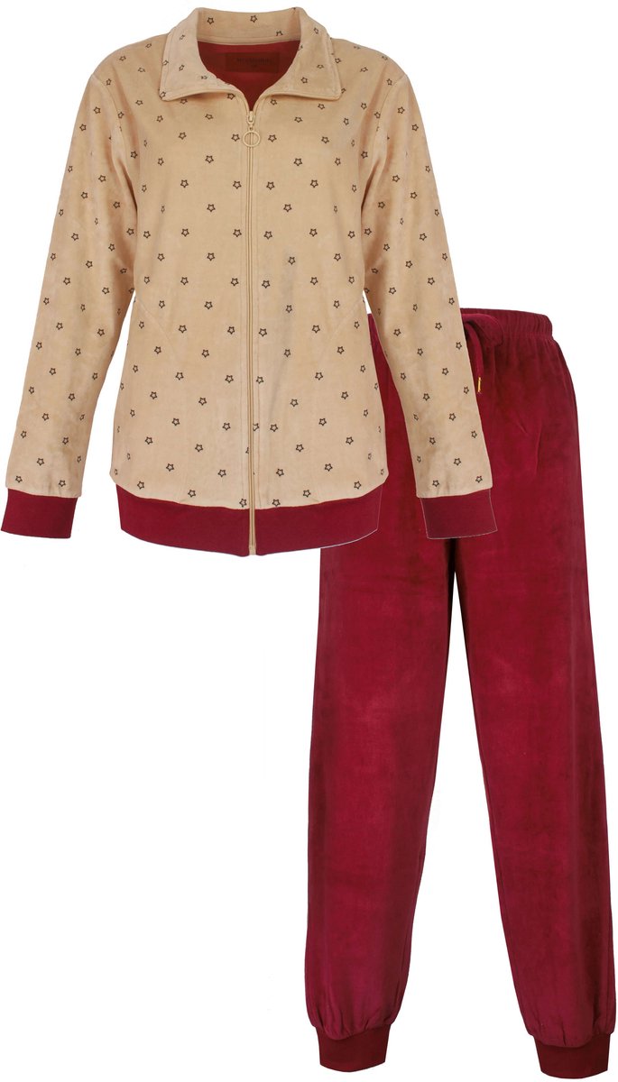 Irresistible Dames Huispak - Lange Mouwen - Velours - Rood/Beige - Maat S