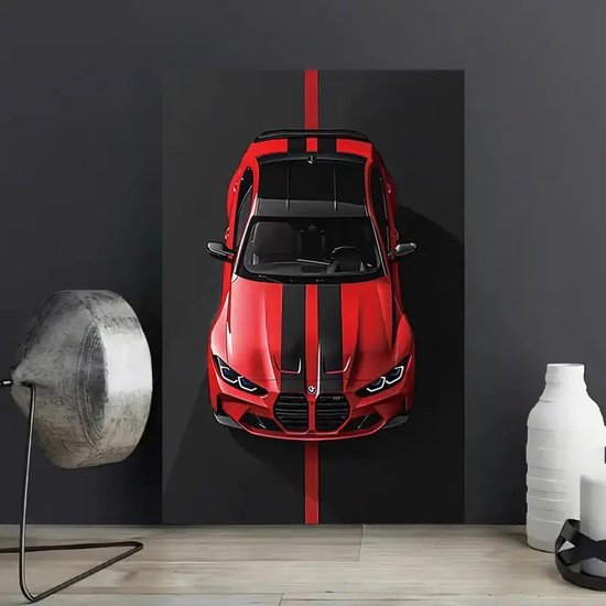 Canvas poster - Autoposter - Auto - Sportwagen - BMW M4 Competition - BMW M3 - Supercar - Performance auto - Rode sportwagen met zwarte striping - 30x40 cm - Zonder lijst - Mancave - Trendy