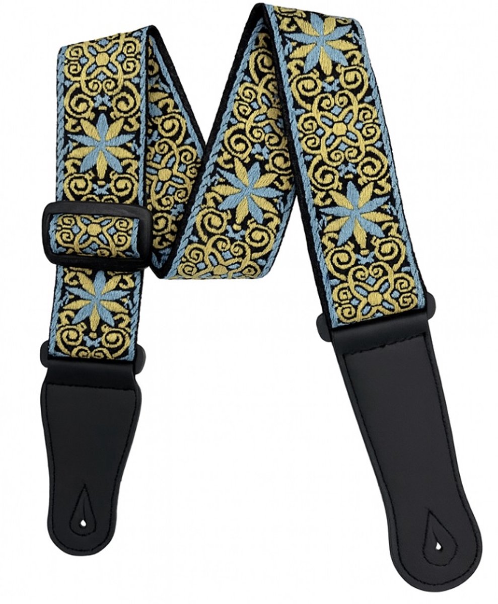 P&P® - Professionele Verstelbare Stevige Gitaarband - Guitar strap Band - Luxe Gitaarriem - Bas/Elektrische /Akoestische/ Klassieke Gitaar - Geborduurd Goud / lichtblauw