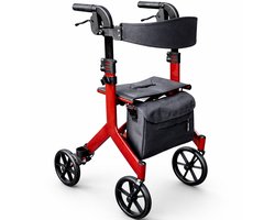 Rollator Lichtgewicht Opvouwbaar – MoveLite Comfort – 6,5 kg – Grote Wielen 25 cm – Weggewerkte Remkabels – Binnen & Buiten – Verstelbaar – Inclusief Tas & Stokhouder – Rood